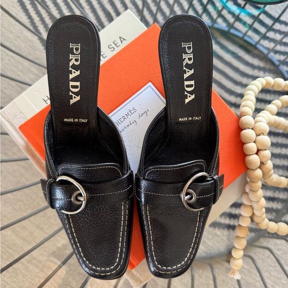 PRADA Black Leather Mules/Kitten Heels. EUC. Like-new! With box. SZ 37.5. - Picture 2 of 11